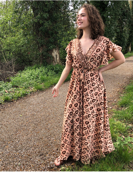 Vestido largo poliester mangas cortas estampado batik