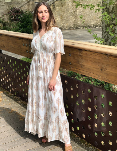 Vestido largo 95% viscosa crepe 5% hilos metalizados doblado algodon mangas cortas bordado cuello v