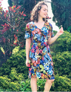 Vestido malla 96% poliester 4% elastano cuello v mangas cortas estampado jungla
