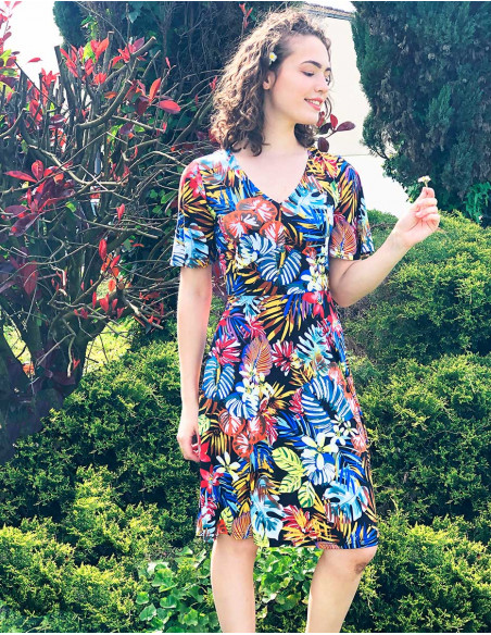 Vestido malla 96% poliester 4% elastano cuello v mangas cortas estampado jungla