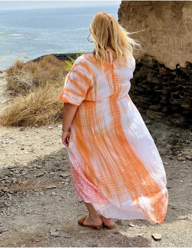 Vestido largo velo de algodon tie and dye doblado con perlas mangas cortas
