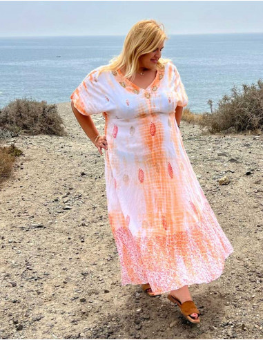 Vestido largo velo de algodon tie and dye doblado con perlas mangas cortas