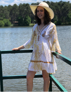 Vestido algodon tie and dye doblado con perlas mangas largas