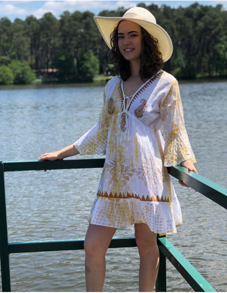 Vestido algodon tie and dye doblado con perlas mangas largas