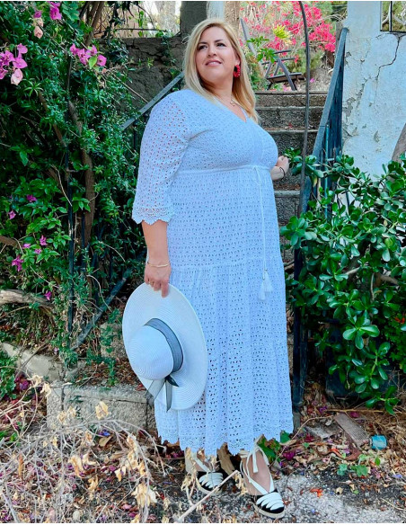 Vestido largo algodon bordado doblado mangas largas