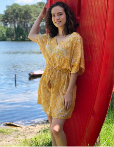 Vestido velo de algodon estampado ibiza con hojas doradas