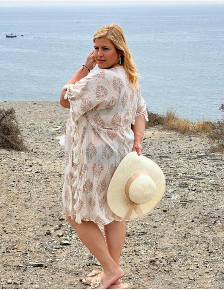 Vestido kaftan 95% viscosa crepe 5% hilos metalizados pompones