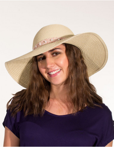 Sombrero papel crudo cinta perlas