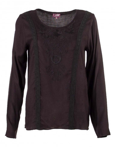 Blusa viscosa bordada mangas largas