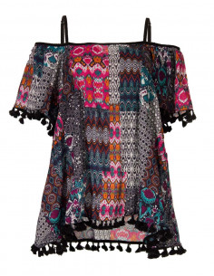 Blusa viscosa tirantes con pompones estampado patch ikat 2