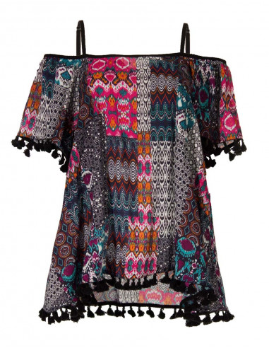 Blusa viscosa tirantes con pompones estampado patch ikat
