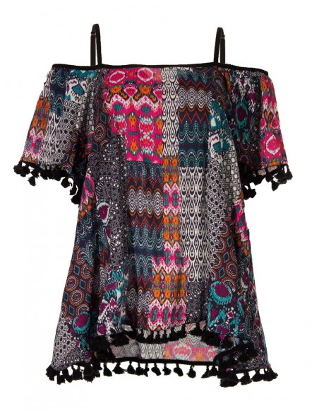 Blusa viscosa tirantes con pompones estampado patch ikat