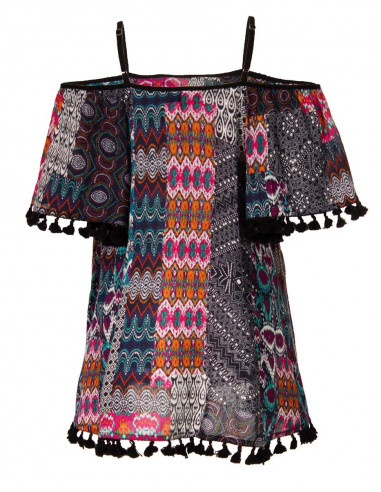 Blusa viscosa tirantes con pompones estampado patch ikat