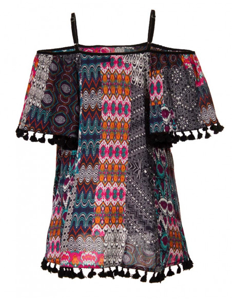 Blusa viscosa tirantes con pompones estampado patch ikat