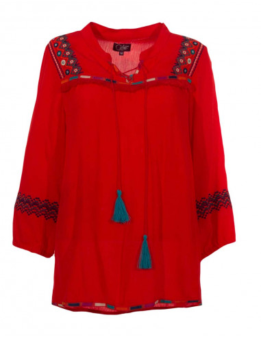 Blusa viscosa crepe bordado mangas 3/4