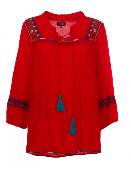 Blusa viscosa crepe bordado mangas 3/4