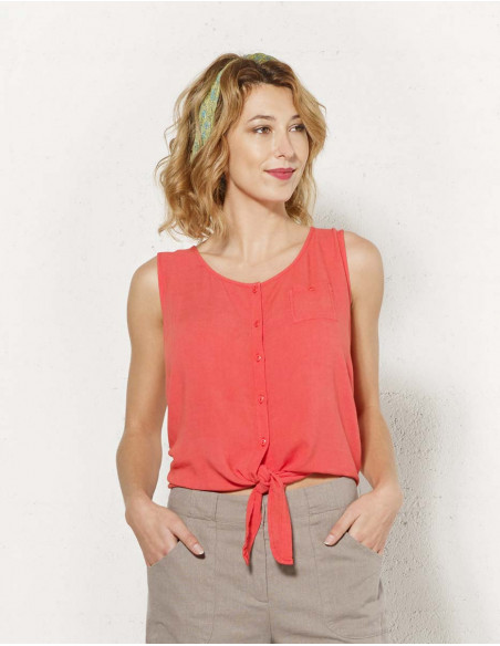 Blusa 88% viscosa 12% lino sin mangas lazo delante
