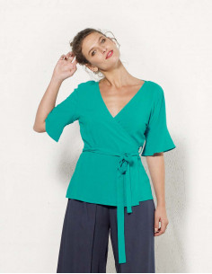 Blusa 88% viscosa 12% lino cruzada mangas cortas