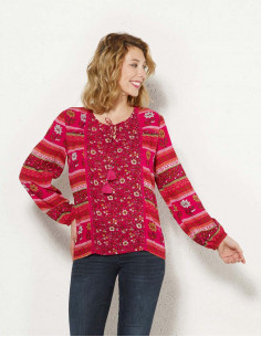 Blusa crepe de viscosa mangas largas estampado indiana