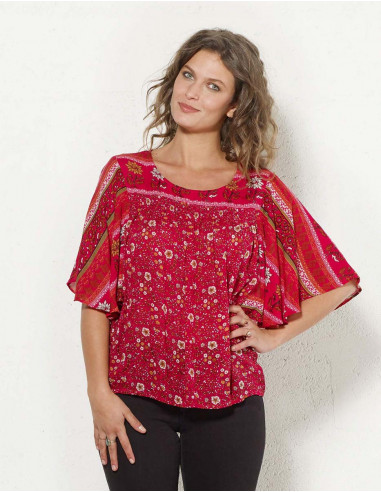 Blusa crepe de viscosa mangas cortas estampado indiana