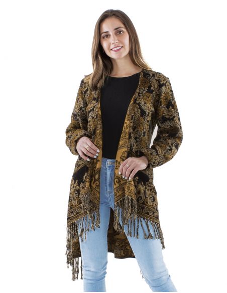 Chaqueta acrilico cruzada flecos jacquart triangulo