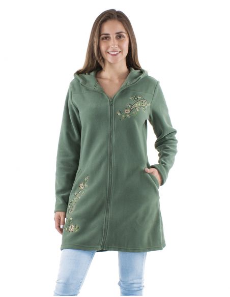 Chaqueta longue malla poliester polar con capucha bordado flores
