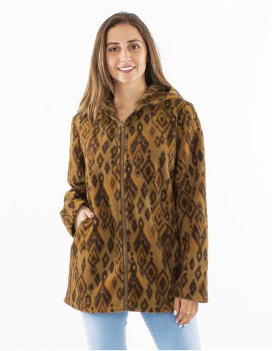 Chaqueta longue malla poliester polar con capucha estampado lovina