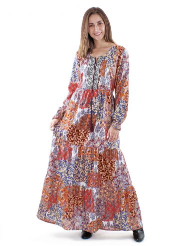 Vestido largo poliester doblado cuello bordado mangas largas estampado arta