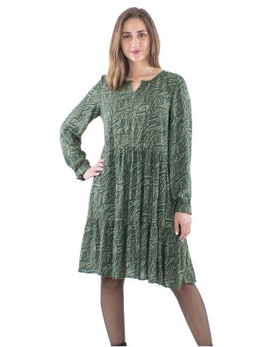 Vestido crepe de viscosa cuello corchete 4 botones mangas largas estampado safari