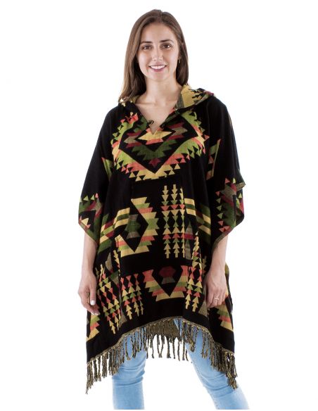 Poncho acrilico cuadrado flecos jacquart geometrico con capucha