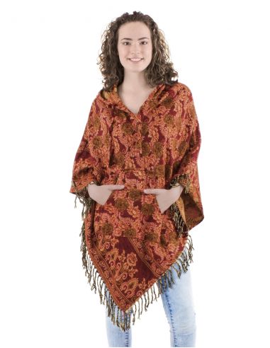 Poncho acrilico triangulo flecos jacquart rosas