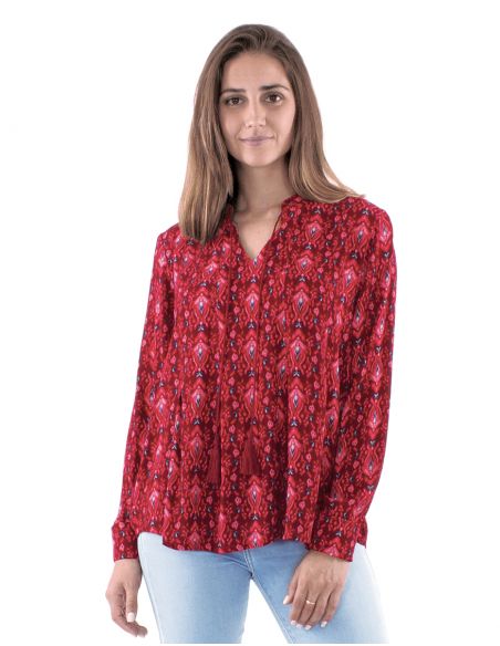 Blusa viscosa crepe estampado ikat fushia mangas