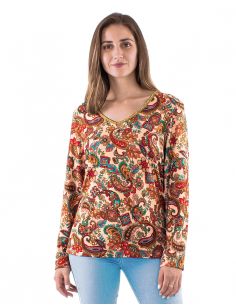 Blusa malla 95% poliester 5% elastano cuello v mangas largas estampado romanesque