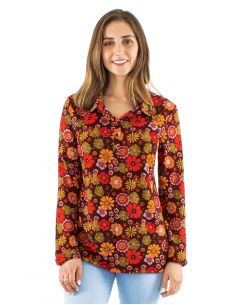 Blusa malla 95% poliester 5% elastano con botones mangas largas estampado flower power