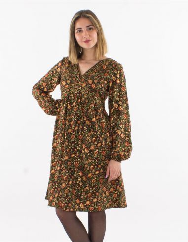 Vestido poliester cuello v mangas largas estampado dorado