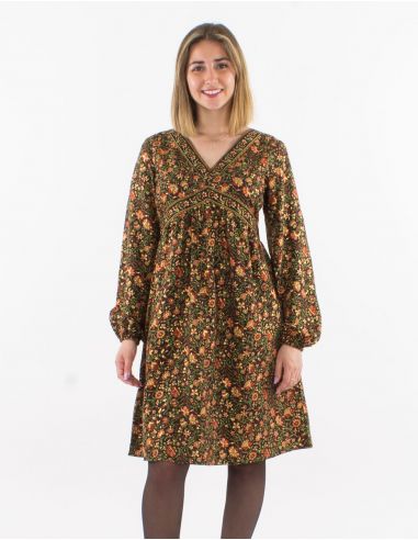 Vestido poliester cuello v mangas largas estampado dorado
