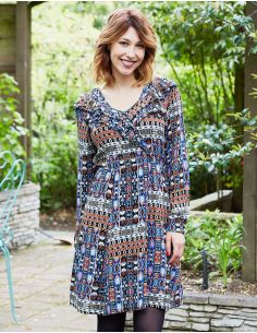 Vestido crepe de viscosa doblado estampado santiago