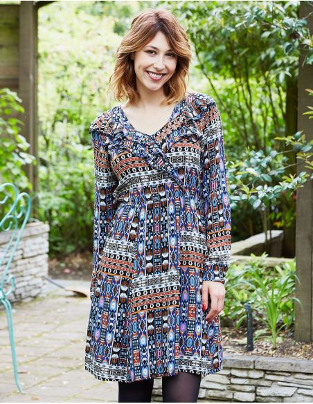 Vestido crepe de viscosa doblado estampado santiago