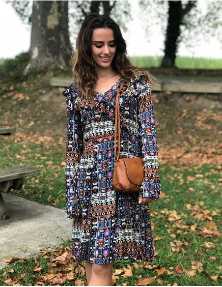 Vestido crepe de viscosa doblado estampado santiago