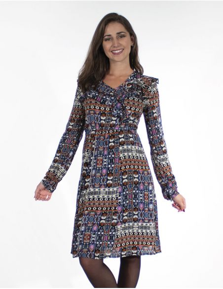 Vestido crepe de viscosa doblado estampado santiago