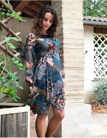 Vestido muselina poliéster doblado estampado patchorient 