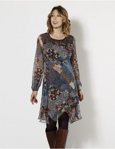 Vestido muselina poliéster doblado estampado patchorient 