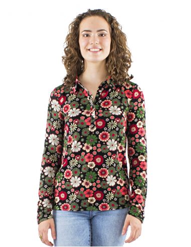 Blusa malla 95% poliester 5% elastano con botones mangas largas estampado flower power