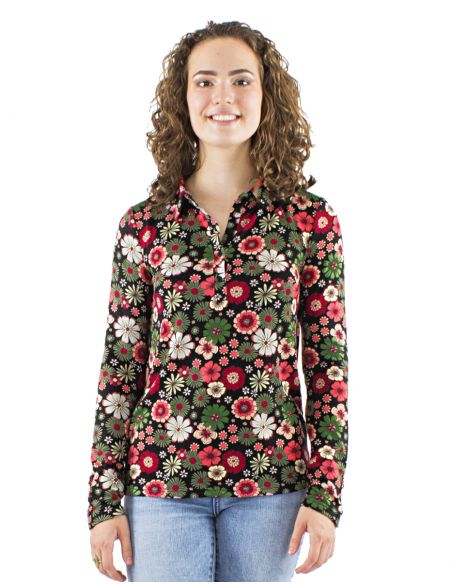 Blusa malla 95% poliester 5% elastano con botones mangas largas estampado flower power