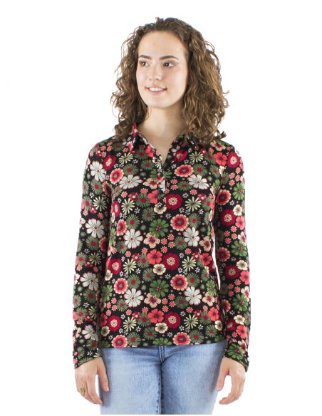 Blusa malla 95% poliester 5% elastano con botones mangas largas estampado flower power