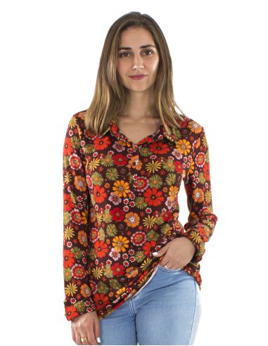 Blusa malla 95% poliester 5% elastano con botones mangas largas estampado flower power