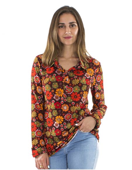 Blusa malla 95% poliester 5% elastano con botones mangas largas estampado flower power
