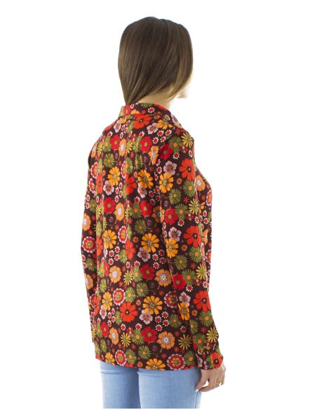 Blusa malla 95% poliester 5% elastano con botones mangas largas estampado flower power