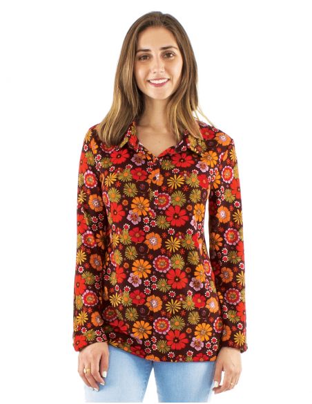 Blusa malla 95% poliester 5% elastano con botones mangas largas estampado flower power