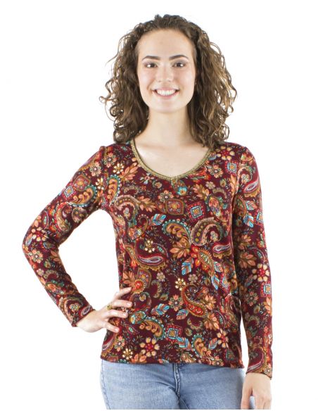 Blusa malla 95% poliester 5% elastano cuello v mangas largas estampado romanesque